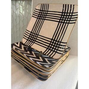 Over And Back - Square Appetizer Plates Black White Designs Gold Trim Set Of 6